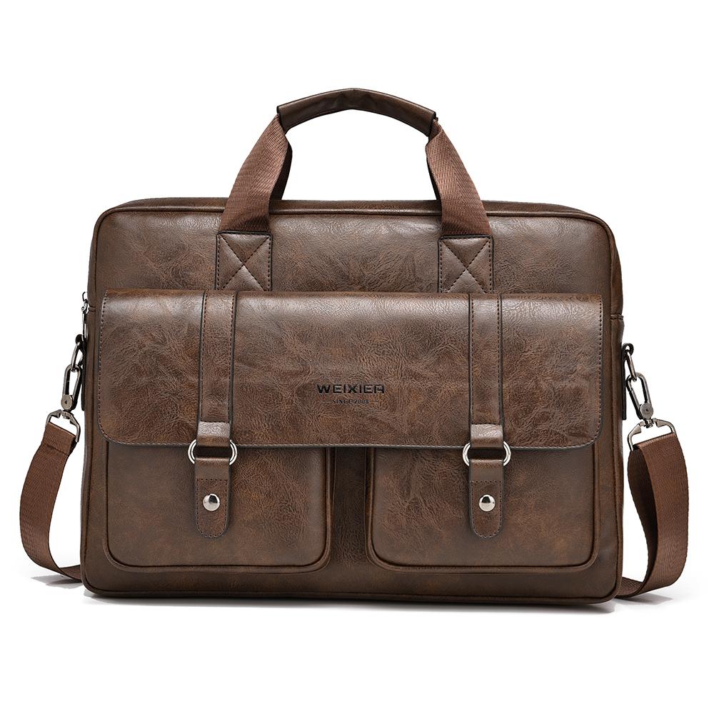 WEIXIER Men's Leather Briefcase 15.6 Inch Laptop Computer Bag Large Satchel Messenger Crossbody Shoulder Bag for Office Business Adjustable Strap