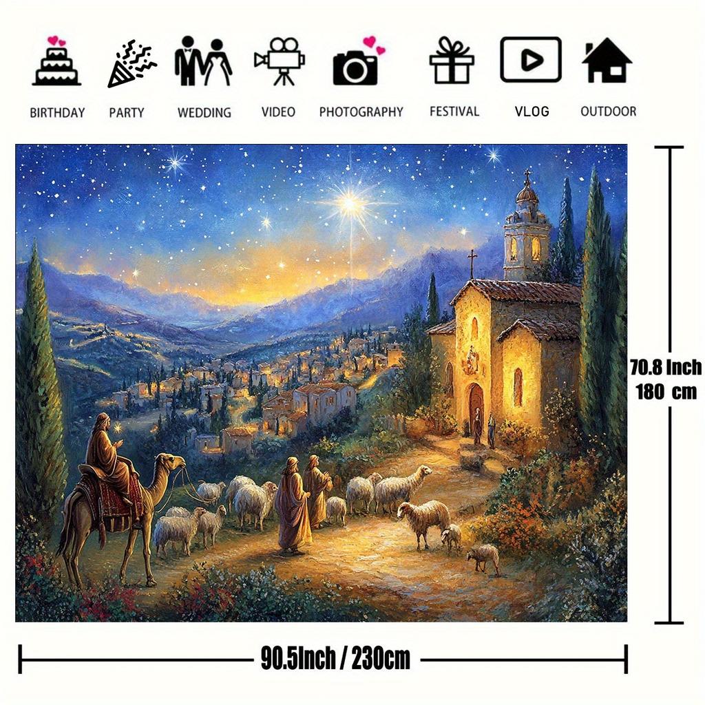 1pc Nativity scene Christmas background with starry sky, church, shepherd and sheep - Religious festival party banner, polyester