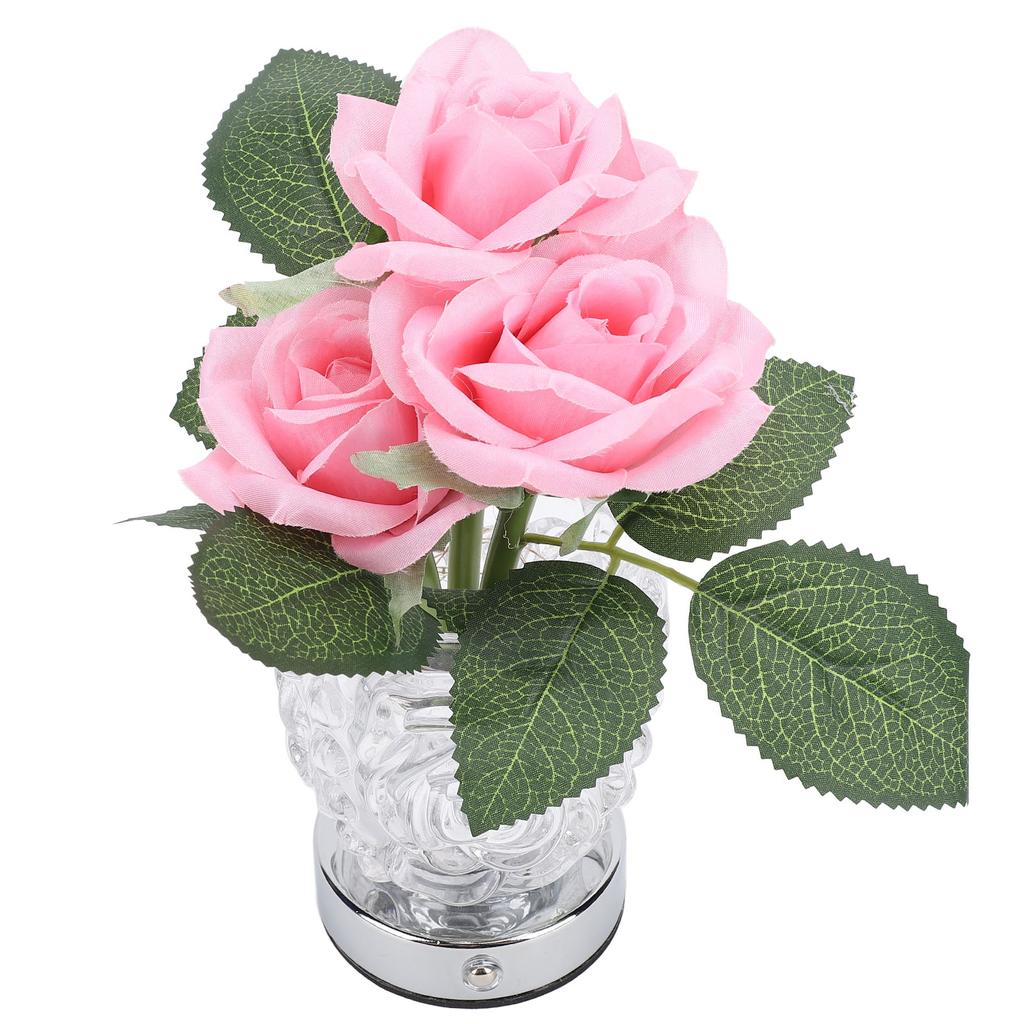Rose Tischlampe Exquisite elegante kabellose LED-Kunstblumen-Touch-Lampe mit klarer Kristallvase