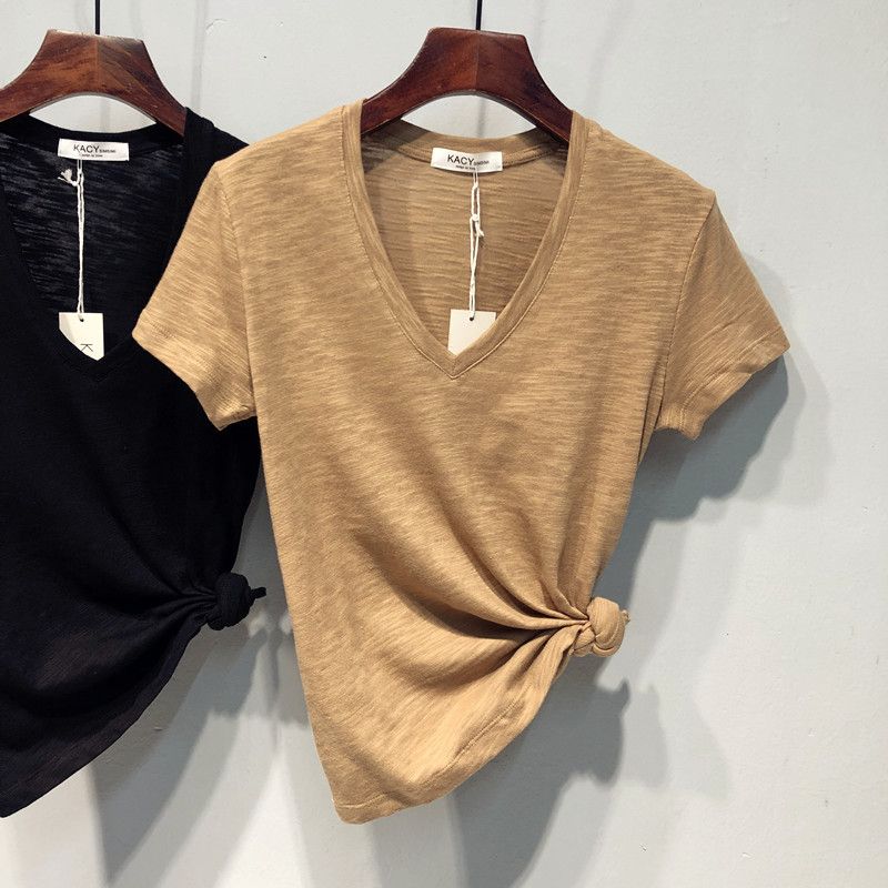 

Летний Новый Стиль Однотонный Глубокий V-образный вырез Приталенный Простой Универсальный Повседневный Хлопок с бамбуковым волокном Футболка Топ с коротким рукавом для женщин Инс XXL хаки