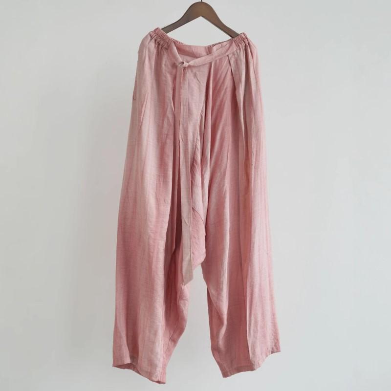 Johnature Women Vintage Bandage Straight Pants Solid Color Summer Elastic Waist Loose Pockets Female Long Trousers