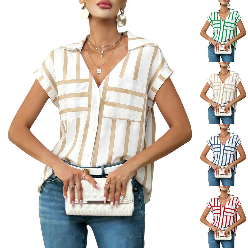 Chemise Décontractée pour Femme Coupe Ample Col en V Boutonnée Manches Courtes Motif Rayé Poches Devant Blouse Légère