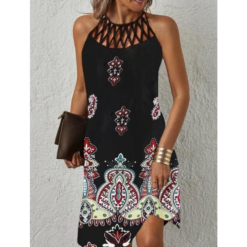 European and American Spring and Summer New Ethnic Style Positioning Printing Mesh Belt Sleeveless Casual dress Women's Clothing