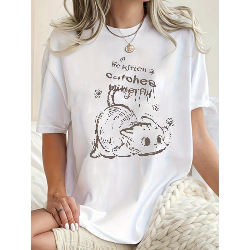 

European Size Women S Plus Size White Cat Print T-Shirt - Casual & Comfy, Soft Round Neck Short Sleeve Tee with Cute Kitten Design,for Spring,Summer 4XL білий