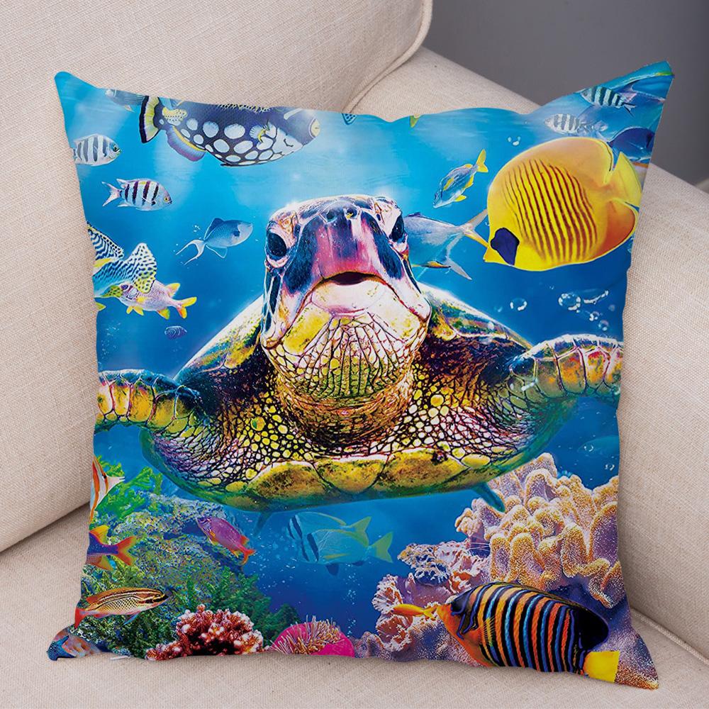 Marine Turtle Dolphins Shark Cushion Cover Short Plush Decor Colorful Ocean Animal Pillowcase Pillow Case for Sofa Home Car