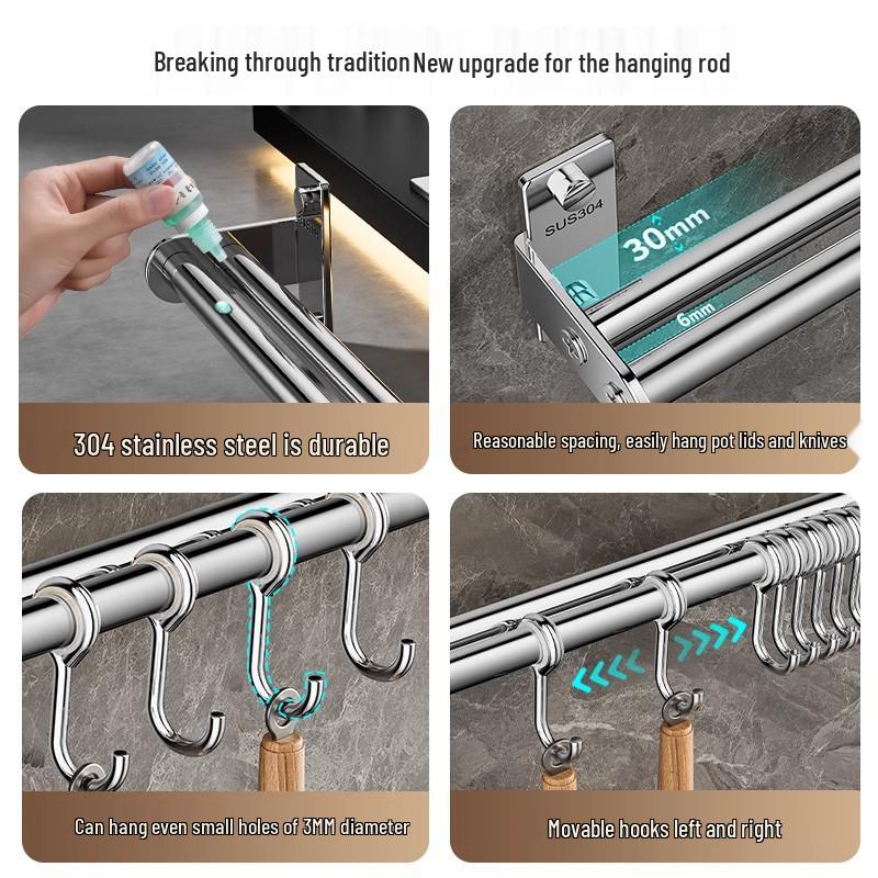 304 Stainless Steel No-Punch Kitchen Wall Hook: Multi-function Pot Lid Rack & Utensil Holder