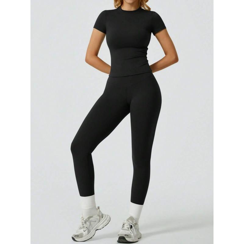 Womens Quick Dry Stretchy Yoga Set Short Sleeve T-shirt High Waist Pants Gym Workout Activewear