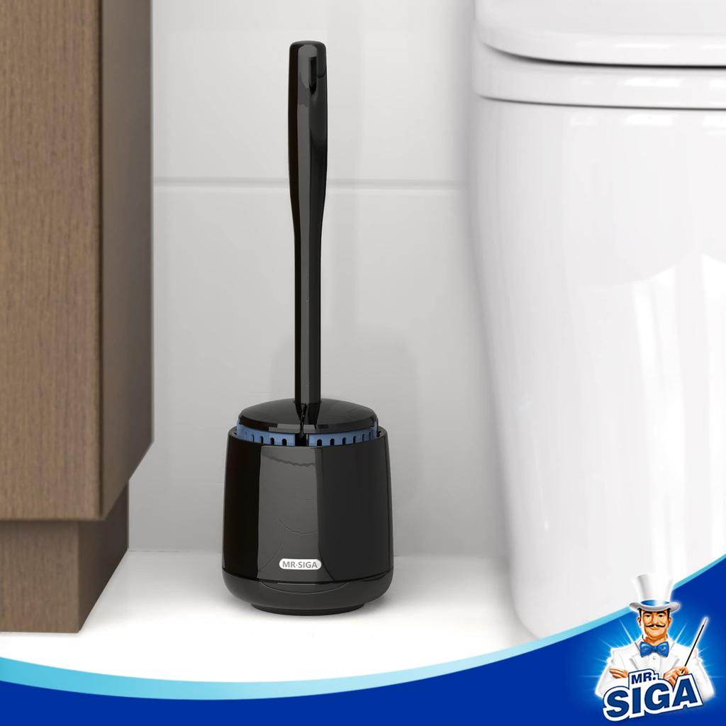 MR.SIGA Toilet Brush with Storage Case, Sturdy Handle and Durable Bristles, Bathroom Cleaning, Black, 1 Set