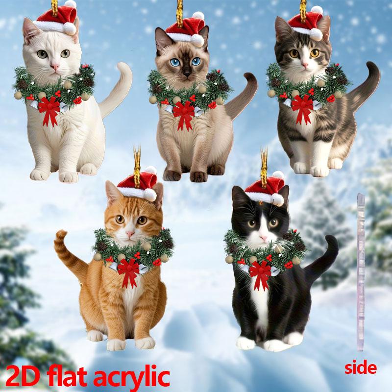 5 pcs Christmas cat ornaments Cat with a Christmas hat made of acrylic ornaments - Christmas tree decorations - Christmas gifts