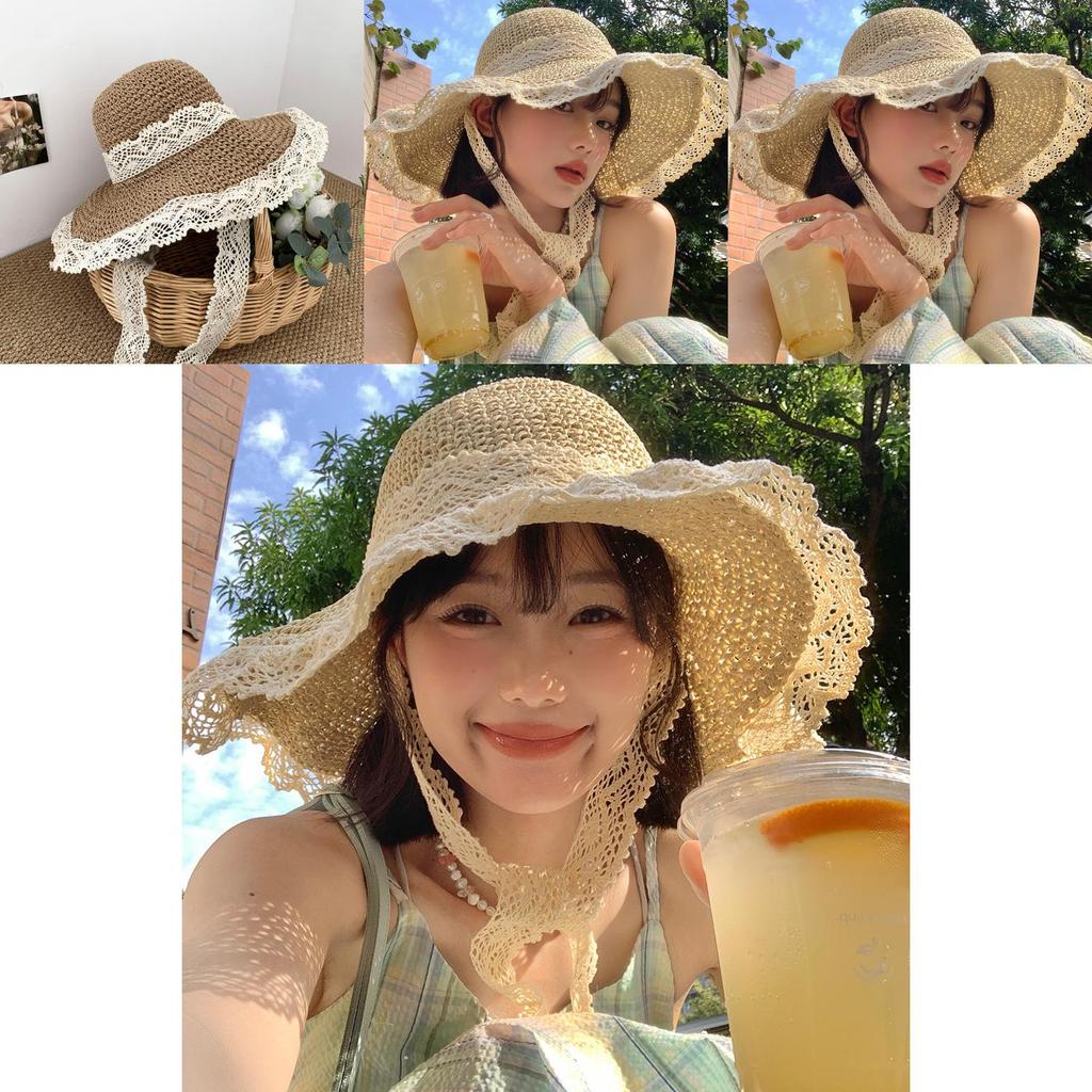 Korean Style Summer Wide Brim Hat For Women Lightweight Breathable Lace Sun Protection