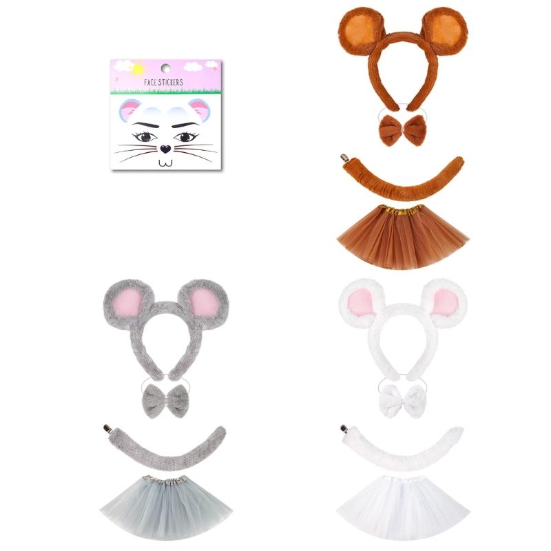 Set di Accessori Costume da Topo 1/3/4 Pezzi Costume di Halloween Costume da Vestire Orecchie da Topo Fascia Coda Gonna Tutù per Bambini Bambine