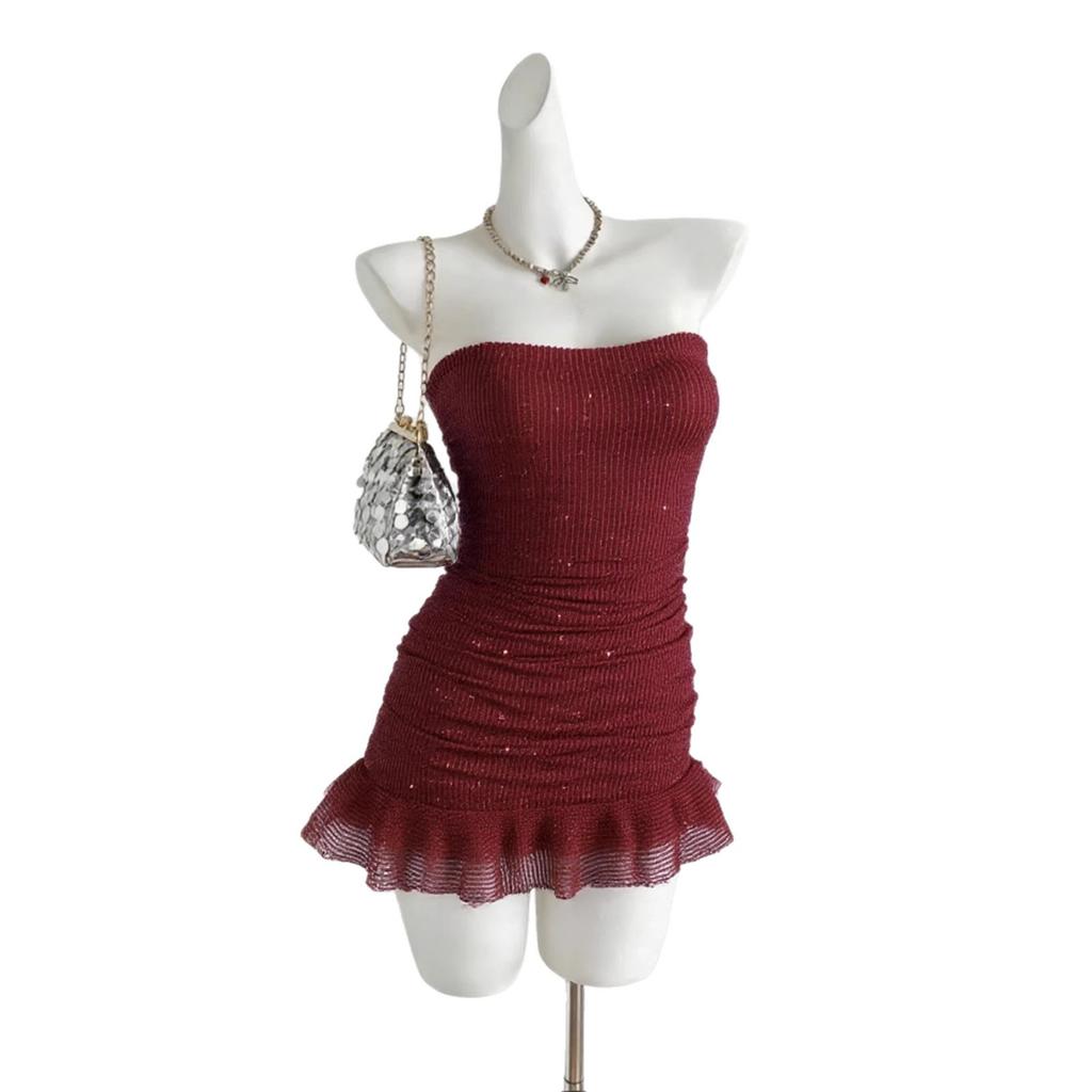 Europäischer und amerikanischer Stil neues Tube Top Pailletten Neckholder Träger Rüschenrand schmale Hüftumhüllung sexy Partykleid Damen