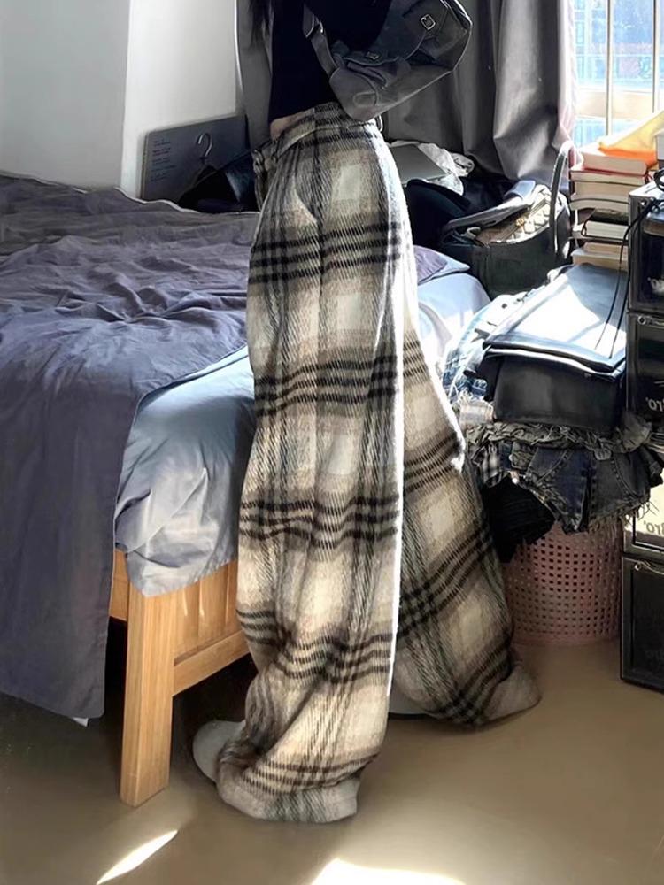 Autumn 2024 American Plaid Wool Wide-Leg Pants - Casual Loose Straight-Leg Style