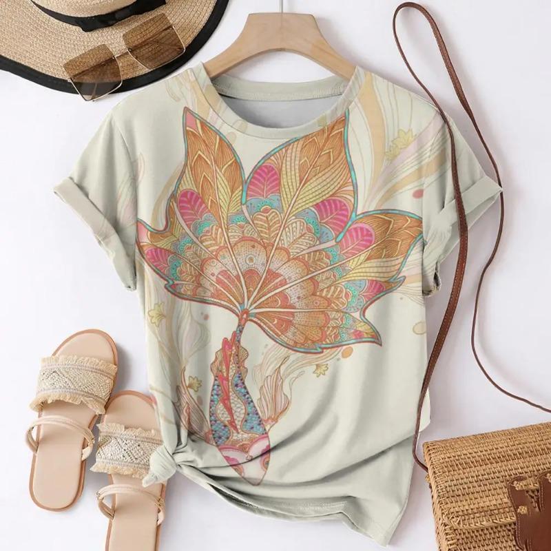 Camisetas Estampadas 3D de Verão Peixe Koi Mulheres Streetwear Moda Casual Harajuku Y2k Camiseta de Manga Curta Gola O Tops Roupas