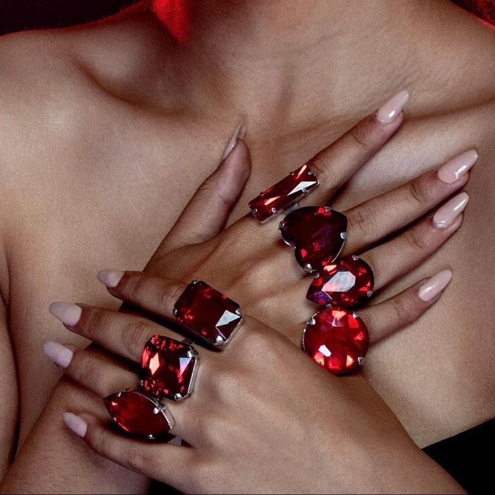 7PCS Rhinestone Crystal Square Rhinestone Ring Large Size Large Crystal Ring