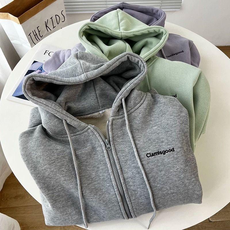 Hooded Cardigan for Women Velvet Thick Plush Fleece Coat Zipper Embroidered Letters Preppy Style Sweatshirt Korean Top Clothes
