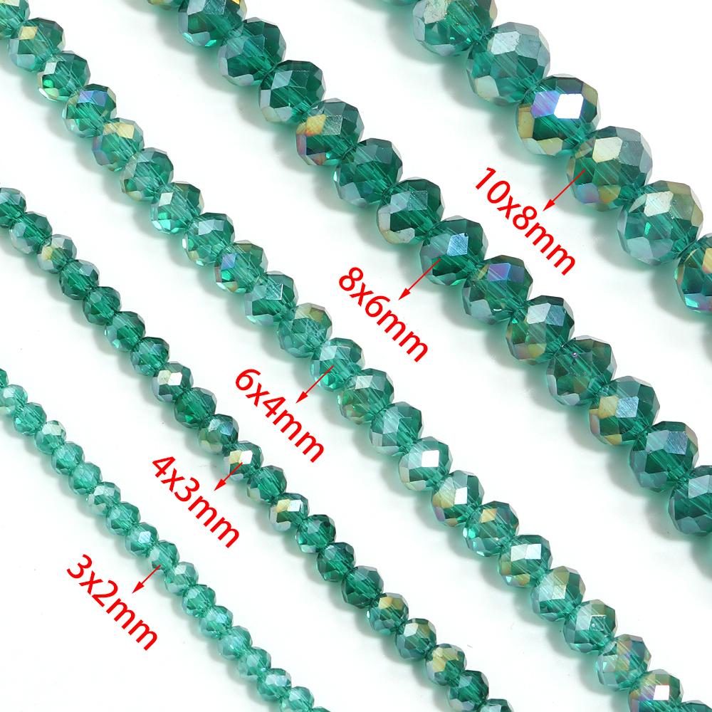 1 Strand 3 4 6 8 10mm Faceted Crystal Beads Peacock Green Rondelle Flat Glass Loose Spacer Beads For Jewelry Making DIY Necklace