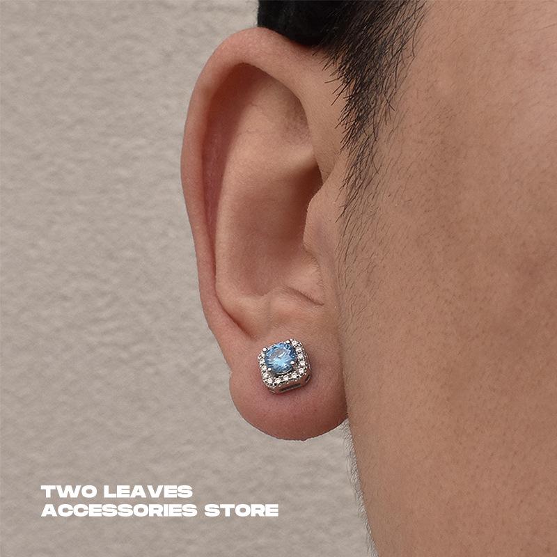 S925 Silver Square Blue Zircon Stud Earrings - Trendy Hip Hop Jewelry for Men & Women