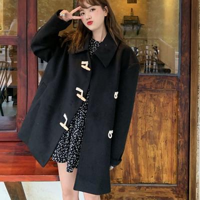 Women Winter Wool Blends Single Breasted Chinese Style Buckles Chic All Match Black Fashion Loose Turn Down Collar Casual New