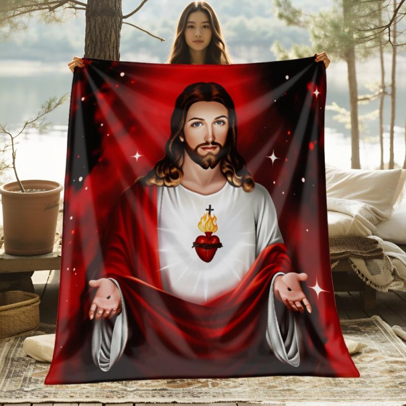 Sacred Heart Jesus Christ Printed Blanket Soft Lightweight Religious Theme Home Sofa Bed Couch Decor Throw Blanket