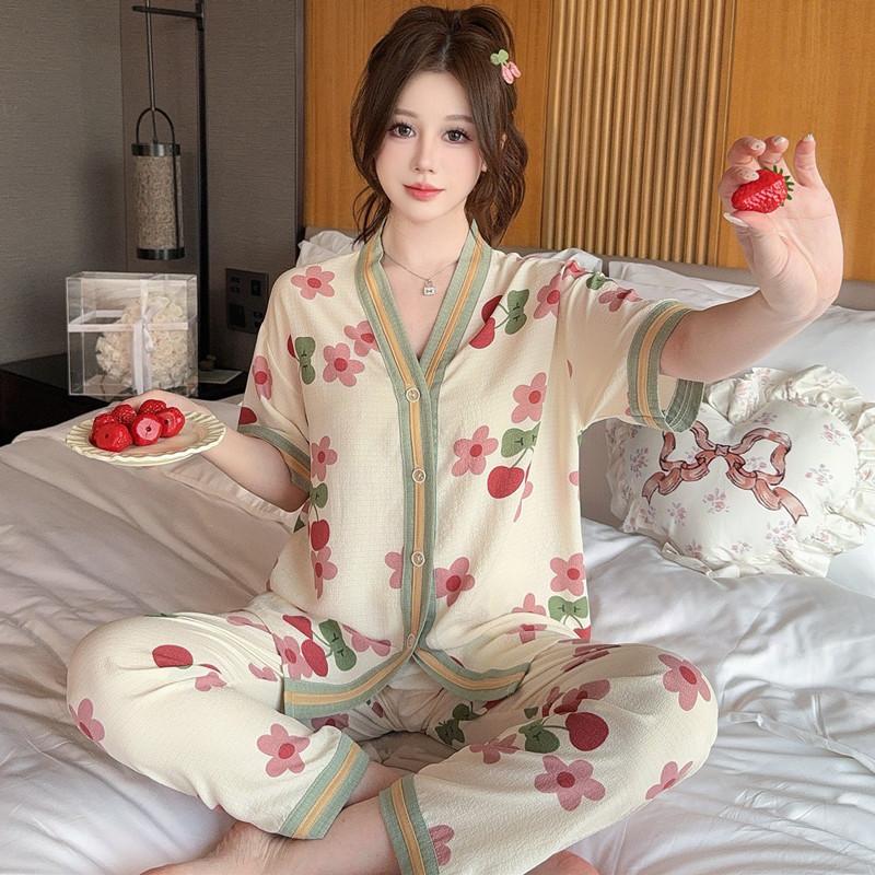 Summer short-sleeved bubble cotton yarn pleated pajamas female Internet celebrities popular trousers loungewear set