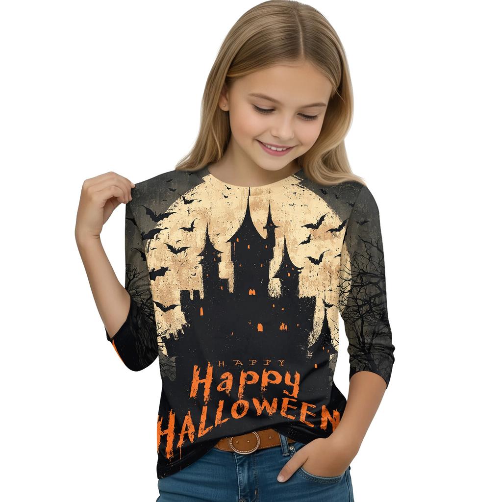 Kids Casual Long Sleeve T-Shirt with Halloween Print Round Neck for Party Costume