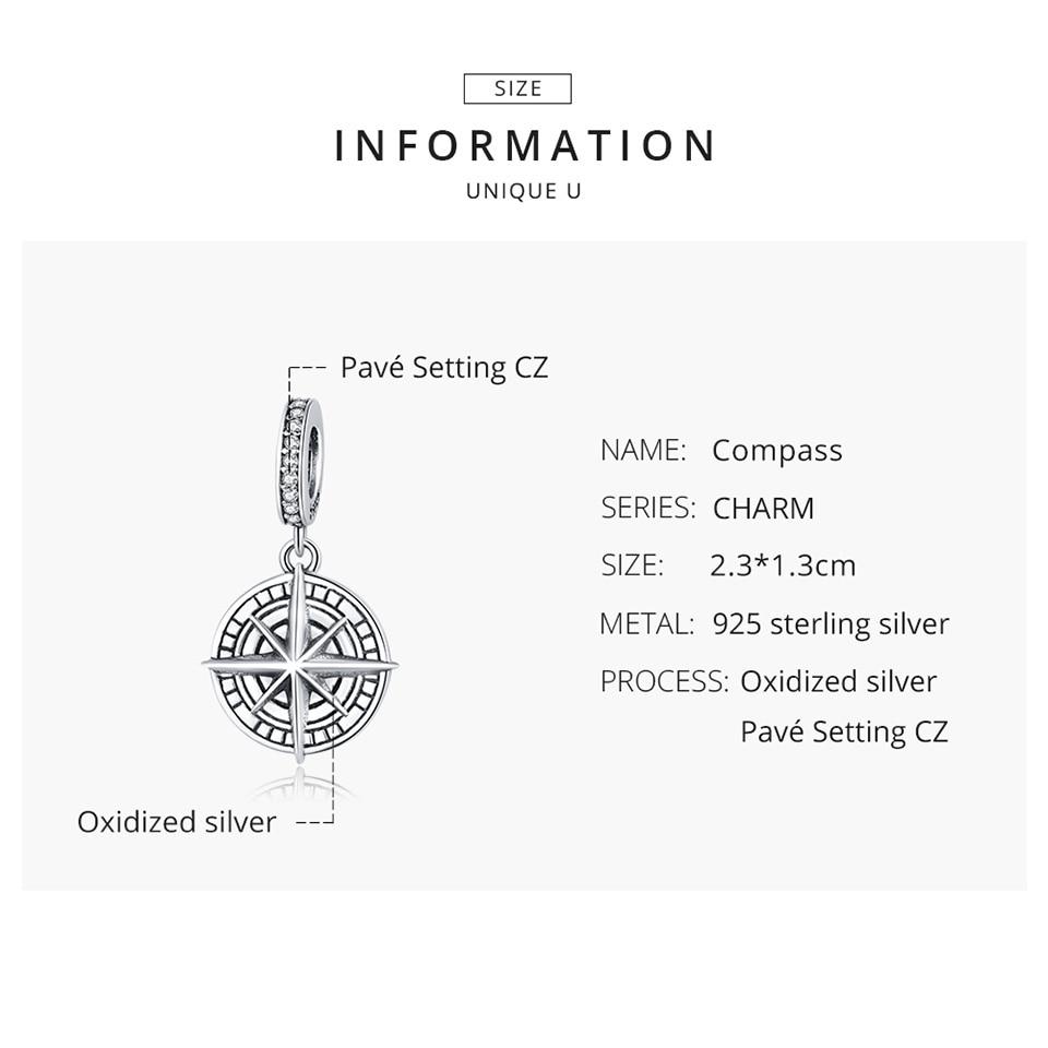 Bamoer 925 sterlingsølv reiseeventyrserier for terrengkjøretøy kompass sjarmanheng passer til originale 3MM armbåndsmykker
