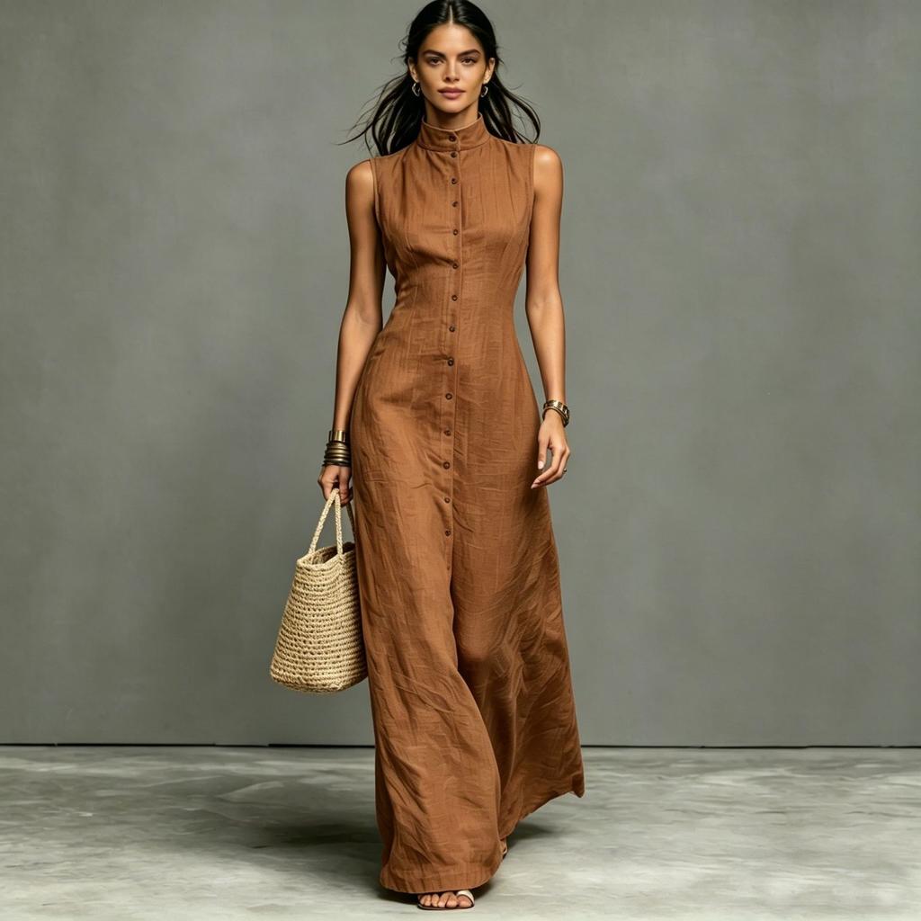 Grenzüberschreitendes Amazon 2026 neues Damen-Kleid im minimalistischen Stil, Leinenmischung, Stehkragen, einreihig, ärmellos, extra lang
