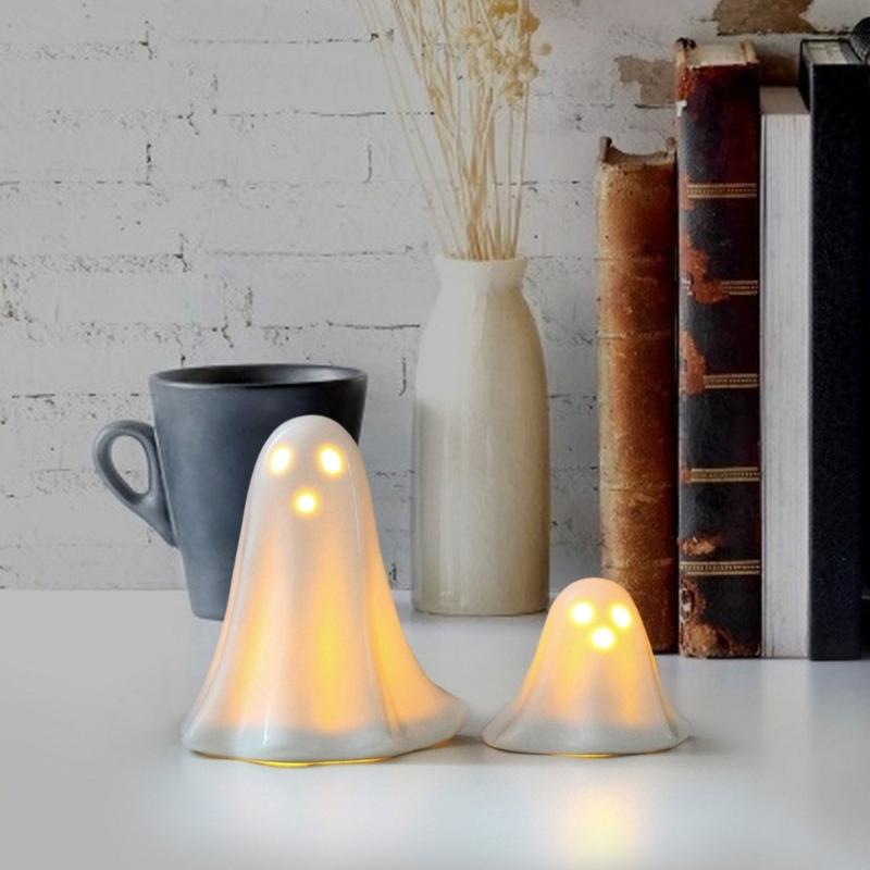 2Pcs LED Lighted Ceramics Specters Ghostly Figurine Sculpture Creative Table Centerpieces Glowing Lamp Halloween Decors