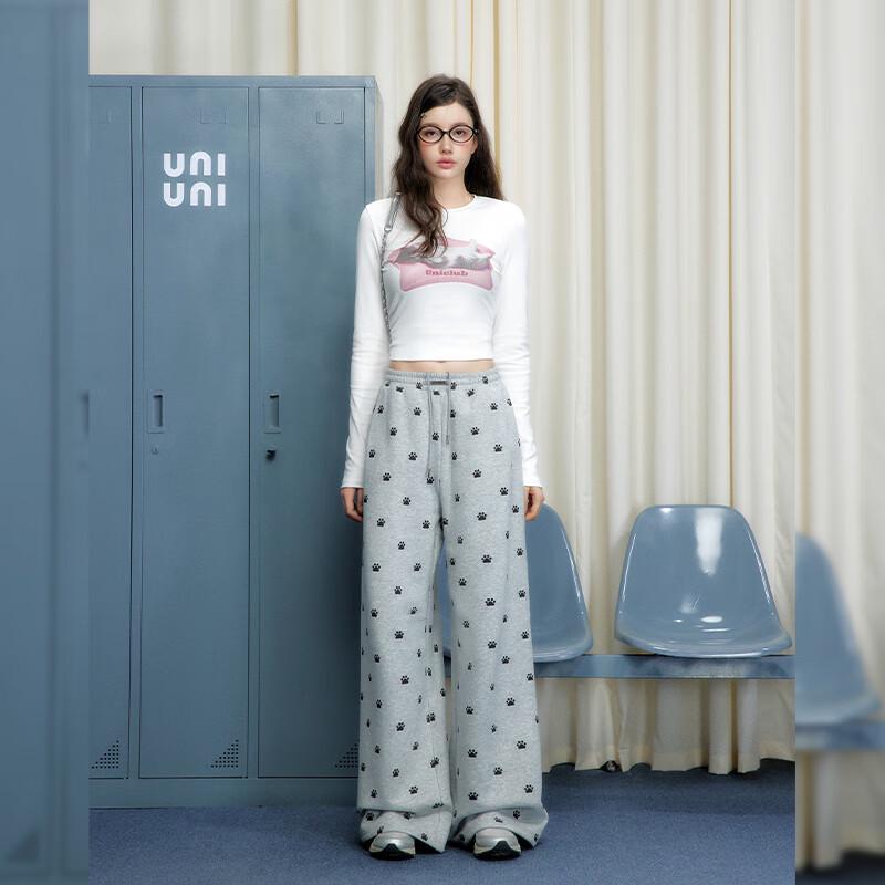 UNIFREE Plush Lined Casual Wide Leg Pants with Paw Print