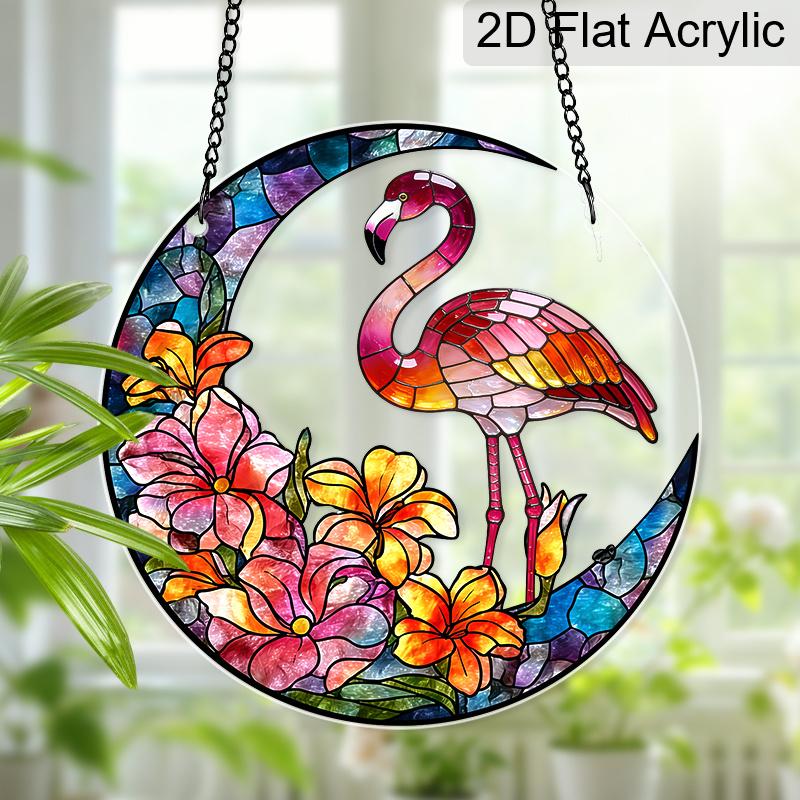 

Acrylic Flamingo & Floral Moon Suncatcher Stained Glass Effect Window Hanging Ornament Tropical Bird Themed Gift for Home 20cm/7.87Inches