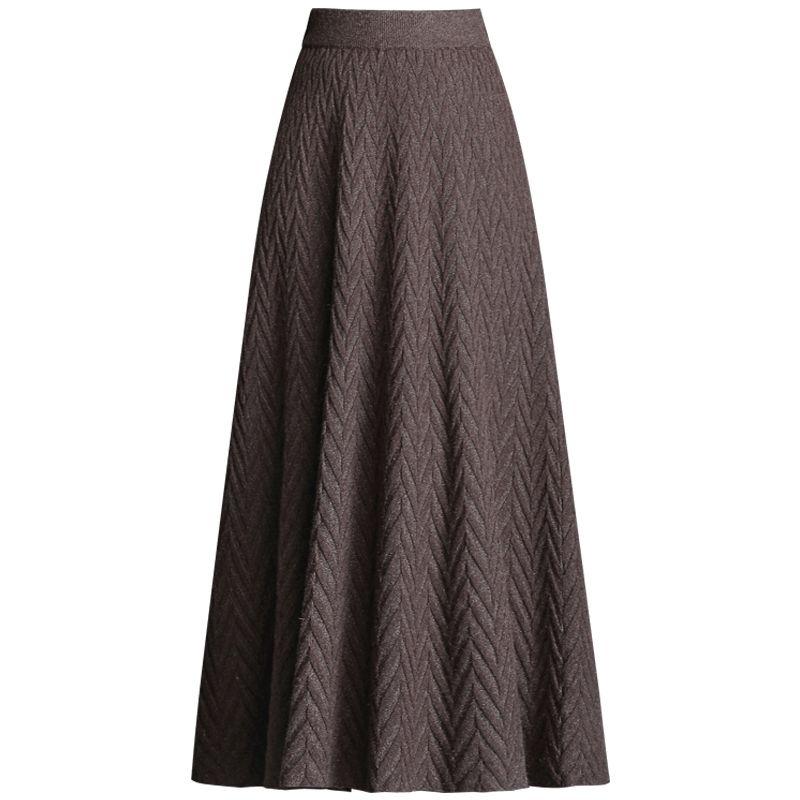 Herbst Winter Damen Verdickter Gestrickter A-Linien Midirock Hohe Taille Slim-Fit Plissierter Ausgestellter Rock