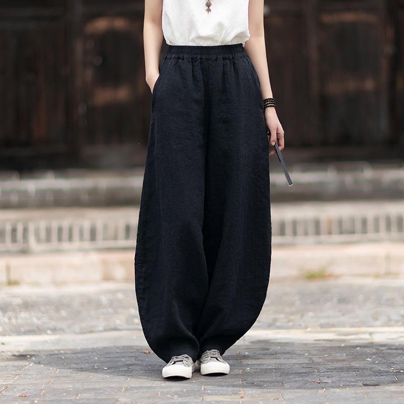 Johnature Women Vintage Pants Summer Chinese Style Solid Color Loose Elastic Waist Trousers Soft Pants