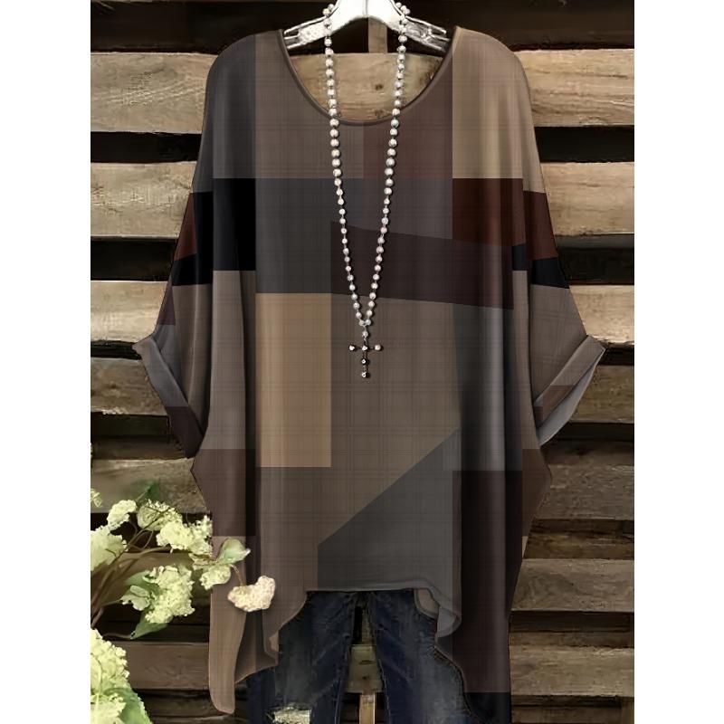 Übergröße, Damen Plus Size Lässiges Kurzarm-T-Shirt - Lila Blumenmuster, Dehnbares Polyester, Rundhalsausschnitt, Maschinenwaschbar, Ganzjahreskomfort