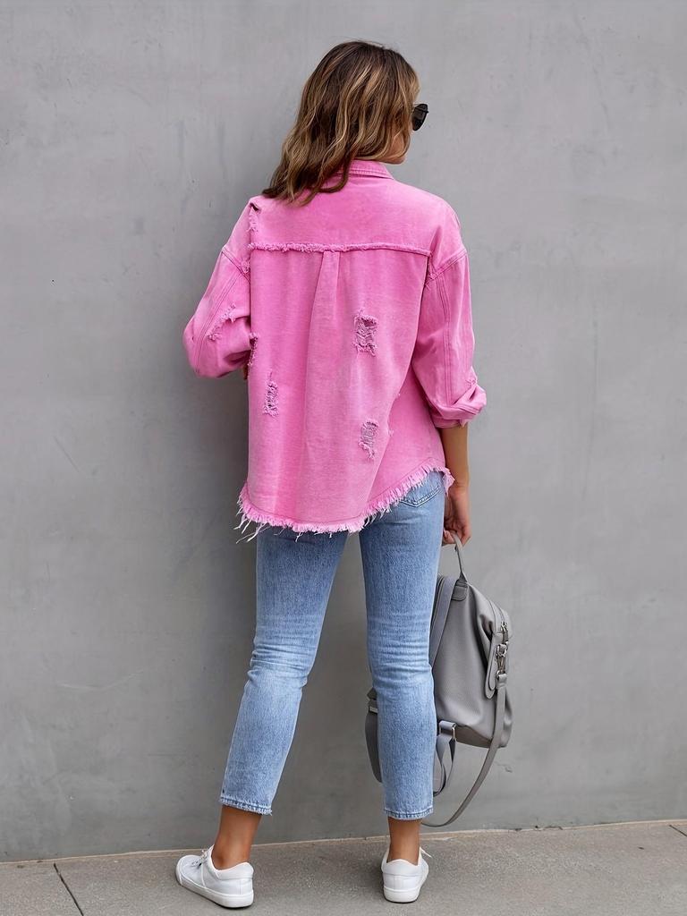 Women's Solid Color Ripped Denim Shirt - Long Sleeve, Loose Fit Bestseller