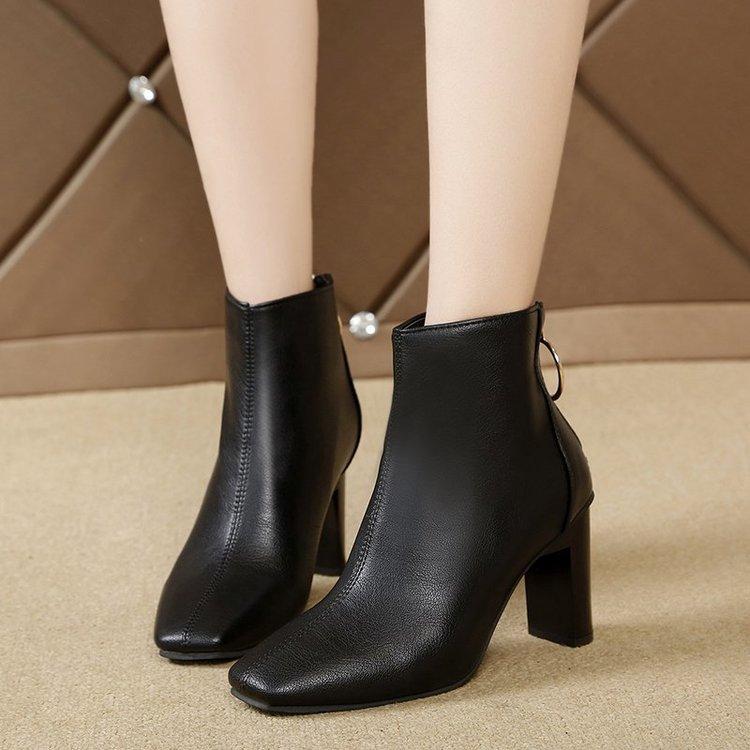 Short boots for women 2026 autumn and winter new style leather boots square toe high heels nude boots fashion short boots