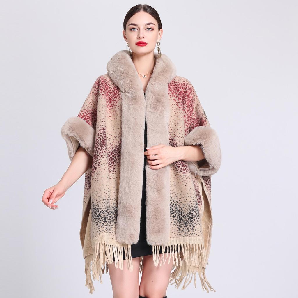 869# Women's Plaid Fleece-Lined Knitted Shawl Cape with Thick Fur Collar