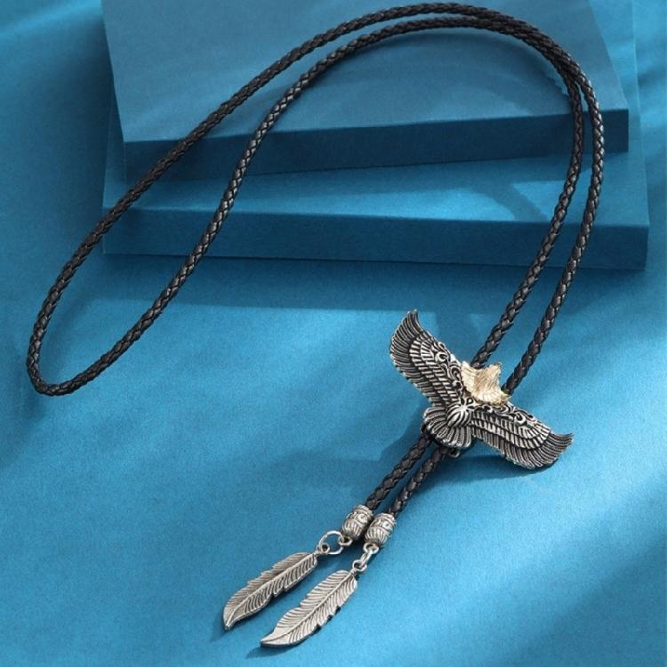 Bolo Tie Leather Rope Metal Flying Eagle Western Necklace with Feathered Pendant