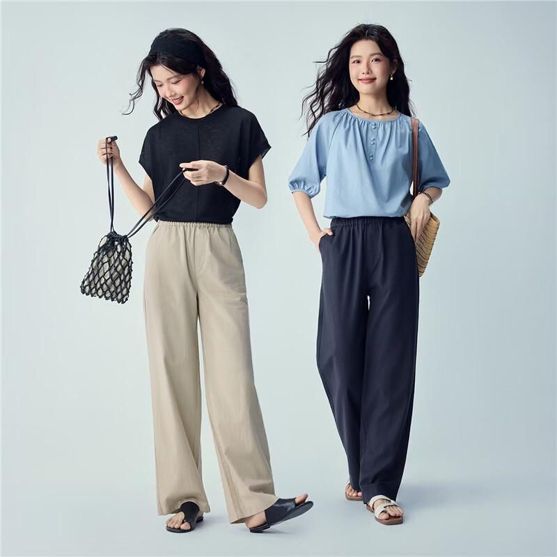 Giordano Women's Cotton-Linen Elastic Waist Straight Casual Pants