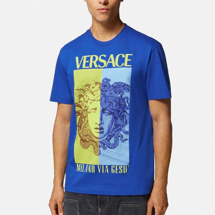 Versace SS23 Holiday T Shirts Men's Blue Crew Neck Moderate Straight Fit 1008491-1A06070-1UE30