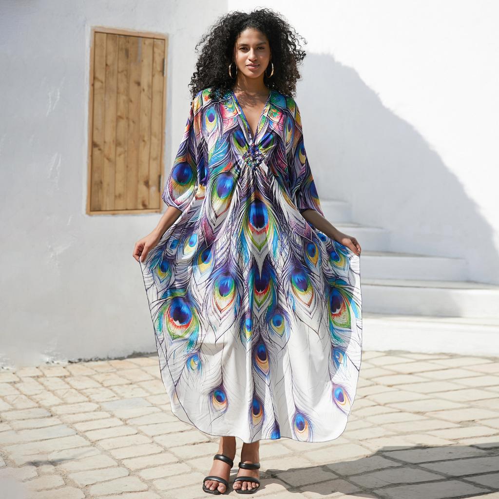Strand Kaftan Kleider Damen Handgefertigt Gewebte Dekoration Cover Ups für Badebekleidung Schmetterling Bedruckte Maxi Robe Heißer Verkauf