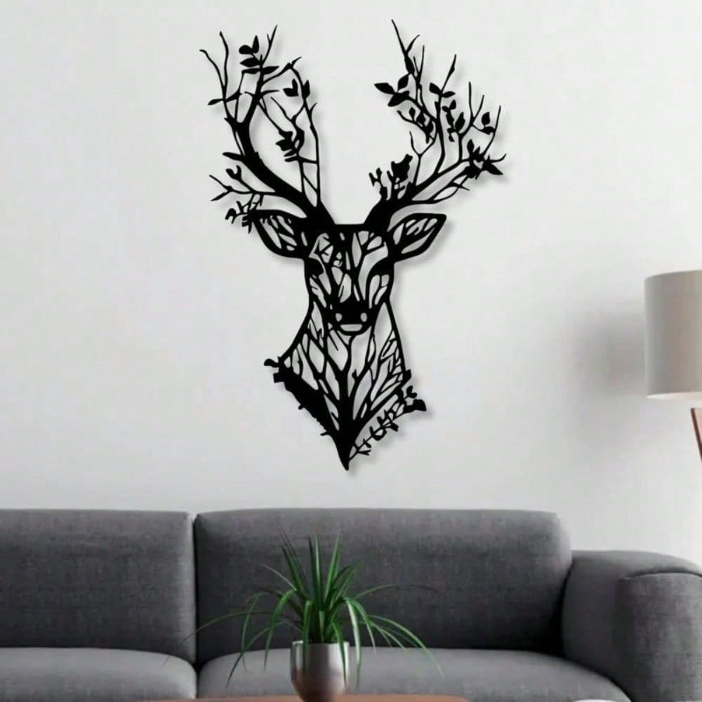Black Deer & Tree Metal Wall Art, Modern Rustic Decor 19x13"
