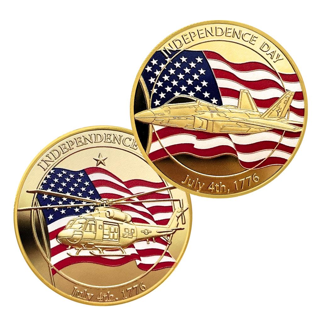 US Independence Day Commemorative Coin July 4th Helicopter Fighter Double sided Colored Metal Collection Craft Seal