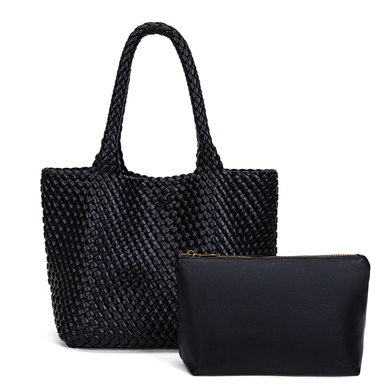 New hand-woven large-capacity women s shoulder bag, fashionable and versatile PU leather tote bag, casual mother-daughter underarm bag чёрный