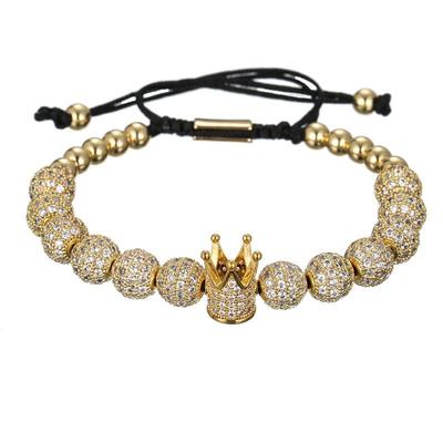 Men's Copper Bead Bracelet with Zirconia Crown and Adjustable Woven Design