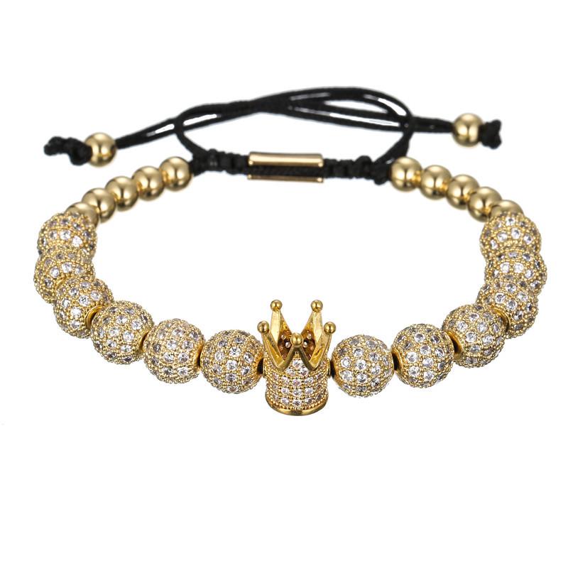 Men's Copper Bead Bracelet with Zirconia Crown and Adjustable Woven Design