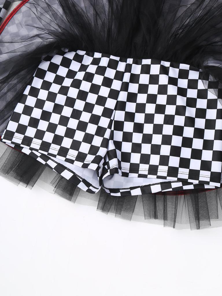 Damen Rennfahrerin Kostüm Schachbrettmuster Langarm Pailletten A-Linie Tüllrock Shorts Fahrerkleid