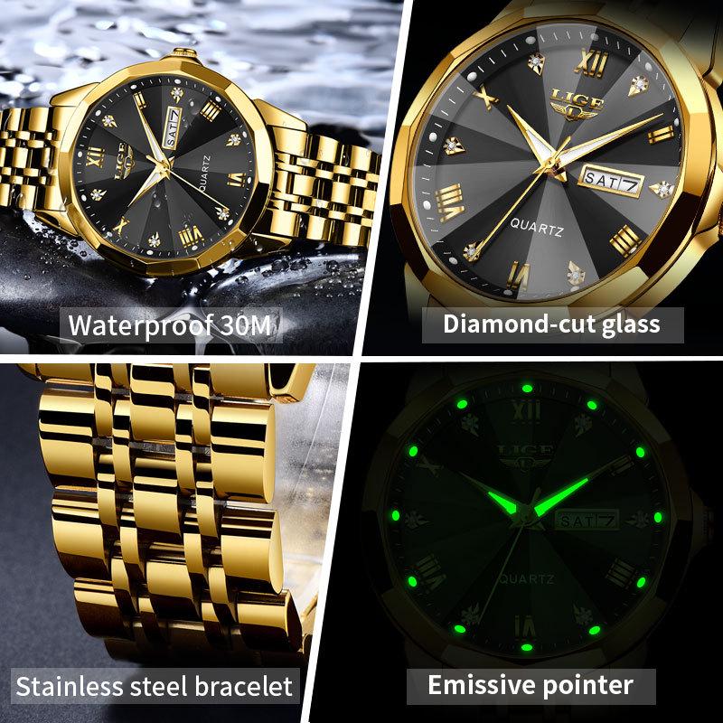 LIGE Men's Waterproof Luminous Quartz Watch – Dual Calendar, Multifunctional Business Wristwatch