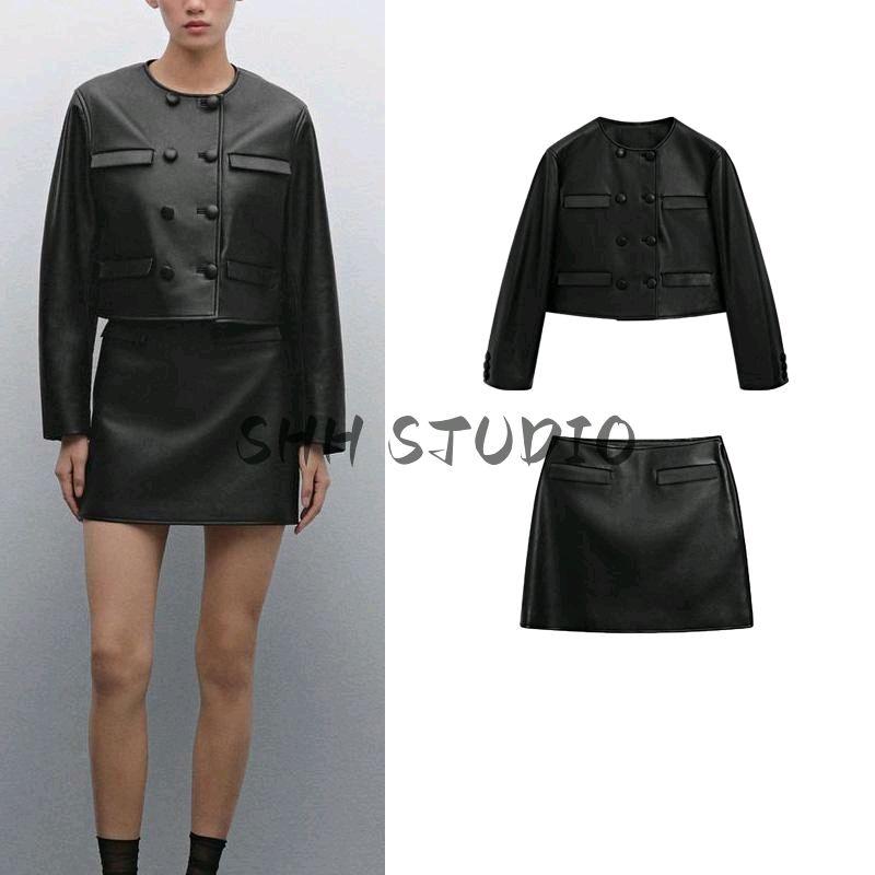 Anti-Leather Mini A- line Skirt 5304800 round Neck Long Sleeves Double Breasted Short Outwear 4701800