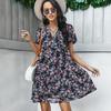 Women Summer Floral Chiffon Dress V Neck Short Sleeve Casual Spring Outfit